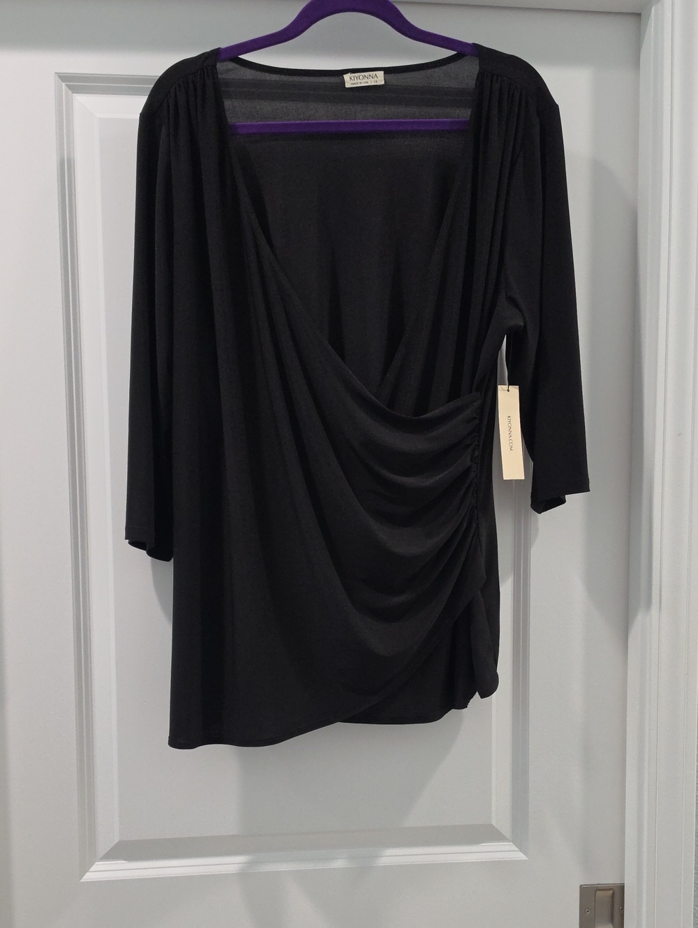 Kiyonna Black Draped Side-Ruched V-Neck Top